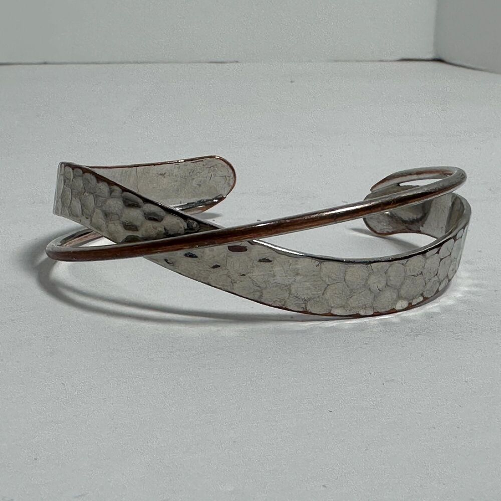 Open Hammered Silver Tone Copper Oval Cuff Bracelet  Sm Wrists- 2 1/2”  x 2 1/8”